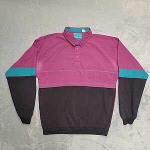 VTG Easy Motion Colorblock‎ Long Sleeve Polo Shirt Mens LT Purple 90s Retro